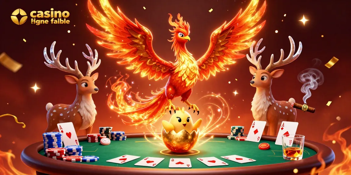 Illustration dynamique représentant un casino en ligne fiable avec un phoenix flamboyant et des éléments de poker.