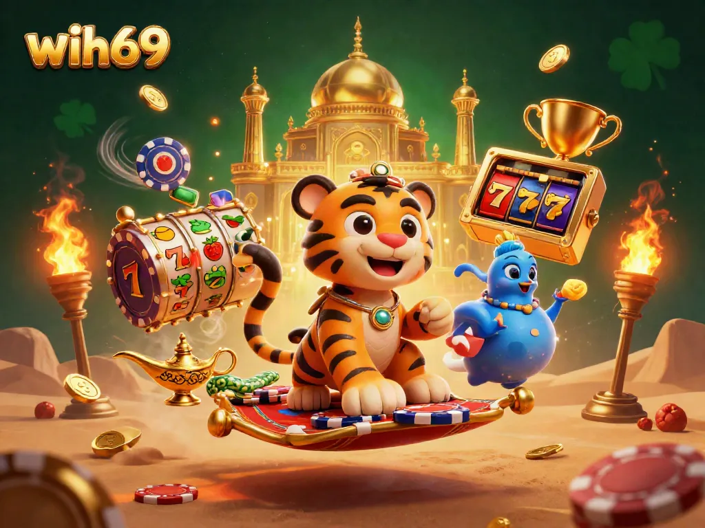 Permainan slot seru di wih69 dengan Sultan harimau dan jin, bertaburan koin emas.