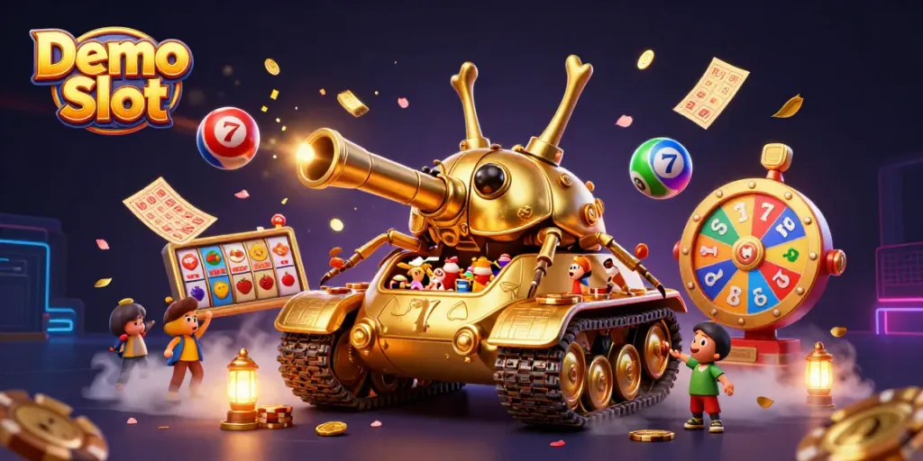 Engage with Demo Slot in a vibrant 3D casino illustration filled with thrilling gaming elements and dynamic colors.