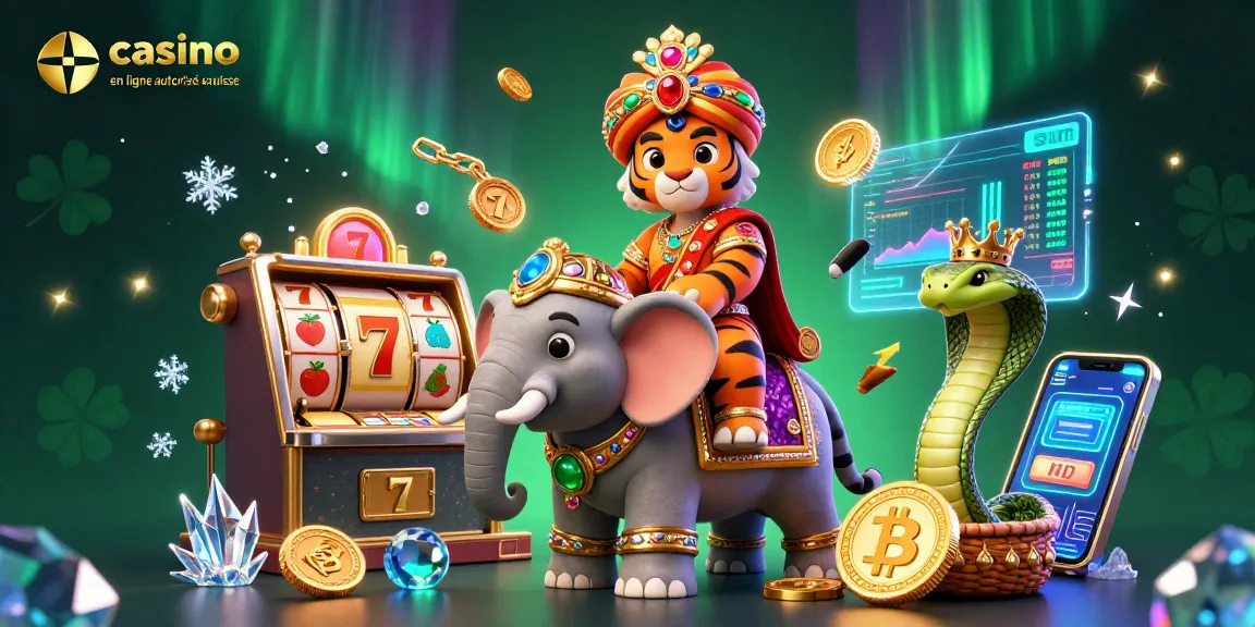 Gagnez sur un casino en ligne autorisé en Suisse avec des illustrations de jeux et de crypto-monnaie.