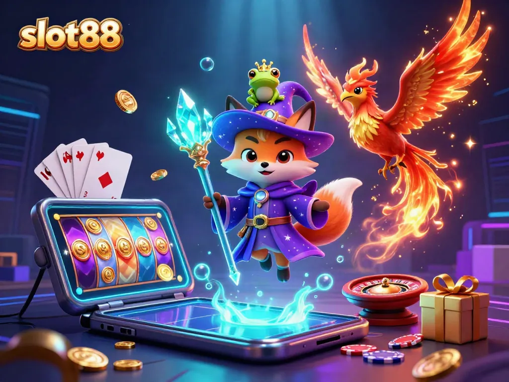 Experience the magic of slot88 with a wizard fox, phoenix, and enchanted frog amidst vibrant casino elements.