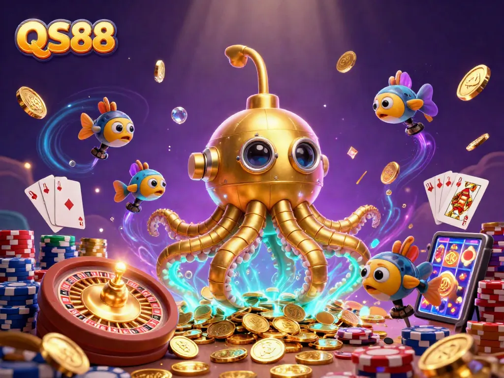 Experience the excitement of QS88 with a golden kraken submarine amidst coins and casino elements.
