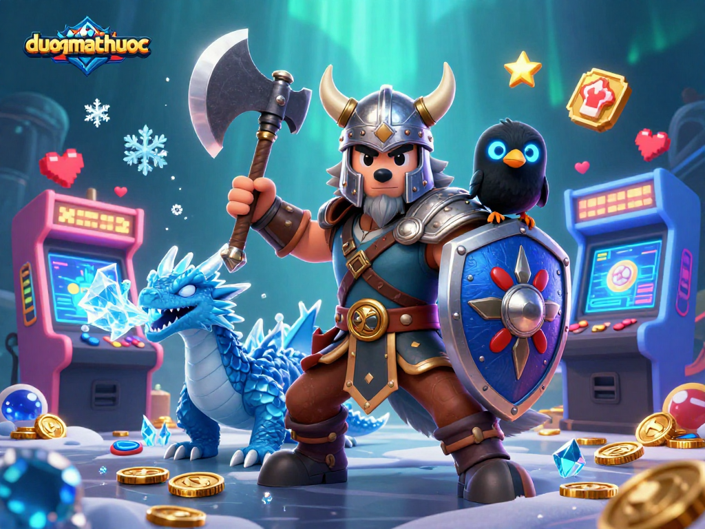 Play duongmatchuoc with thrilling 3D heroes and vibrant arcade elements including coins and game machines.