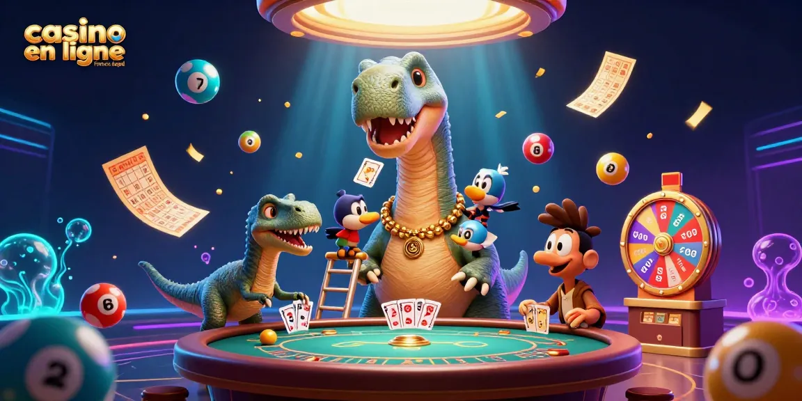 Jouer au casino en ligne légal en France avec un dinosaure et un raptor distribuant des cartes.