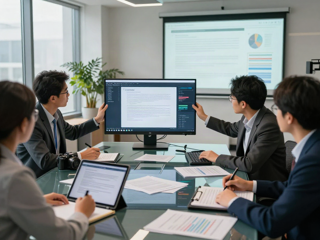 Team in a modern office analyzing document fraud detection strategies with digital displays and collaborative tools.