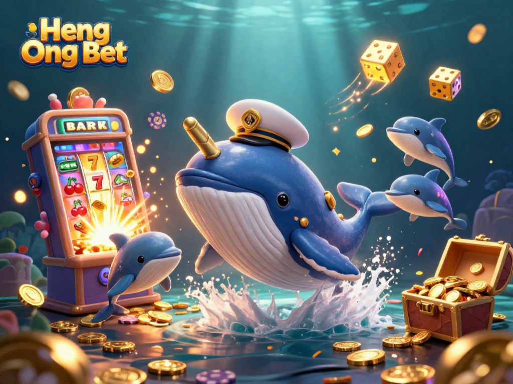 Experience fun with Heng Ong Bet as a cartoon whale and friends enjoy a joyful casino scene with coins and games.
