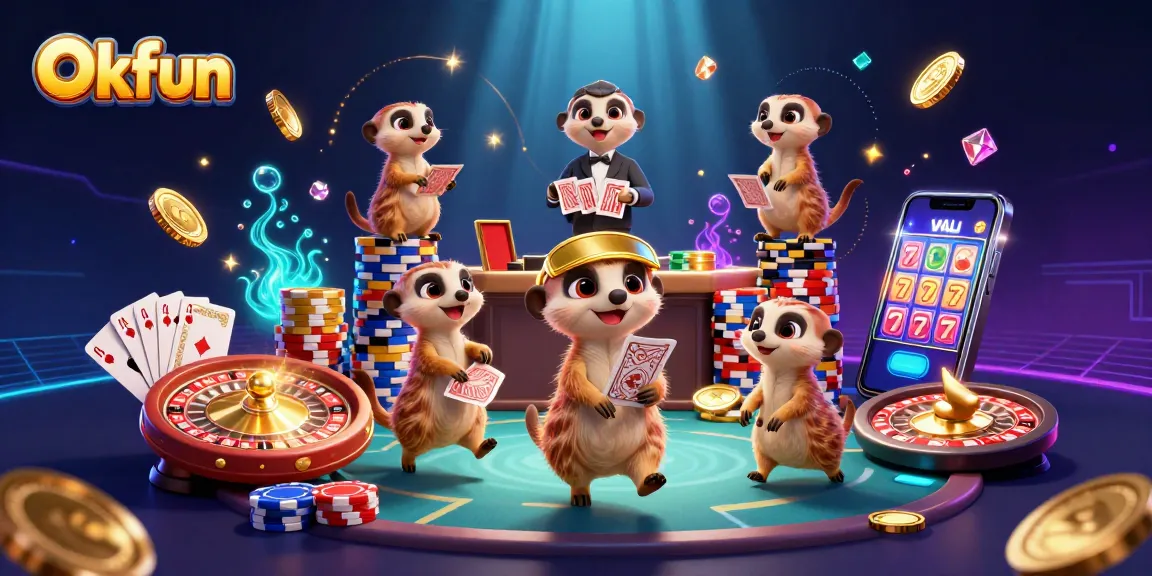 Experience the vibrant allure of Okfun's casino with clever meerkats engaged in exciting gambling activities.