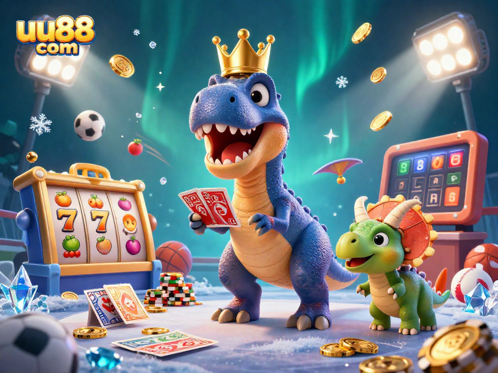 Bet on uu88 com with 3D T-Rex and friends shuffling cards in an exciting casino scene.