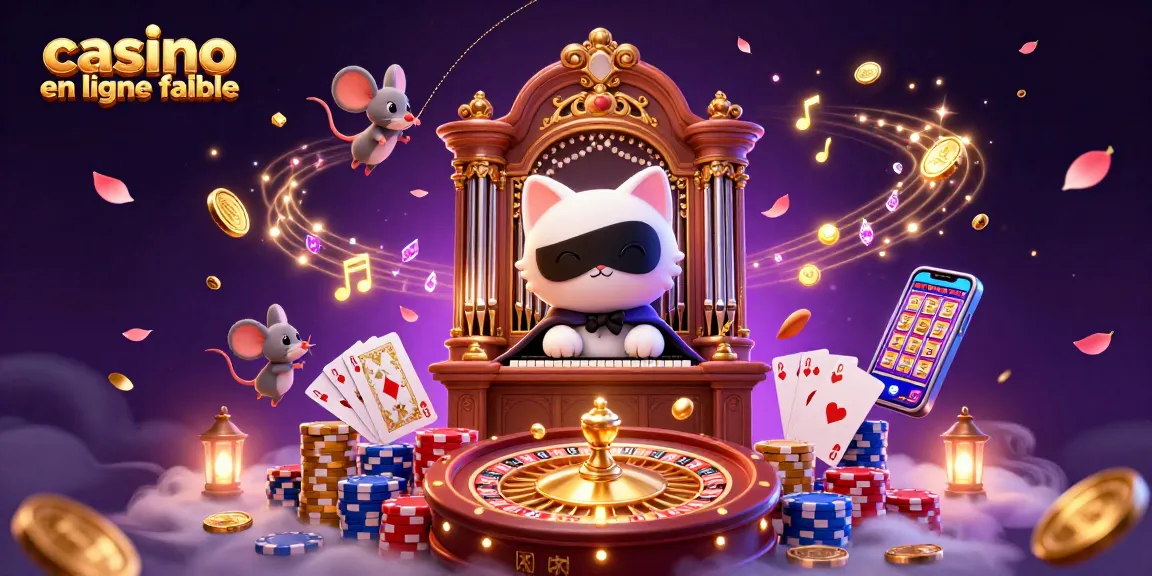 Illustre des jeux dans un casino en ligne fiable avec un chat masqué et une souris acrobate.