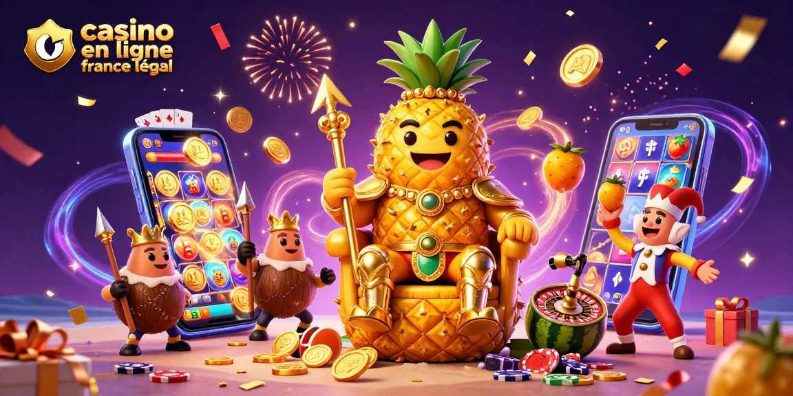 Jouer sur des casinos en ligne France légal avec le roi ananas et ses gardes sur une plage animée, pleine d'énergie