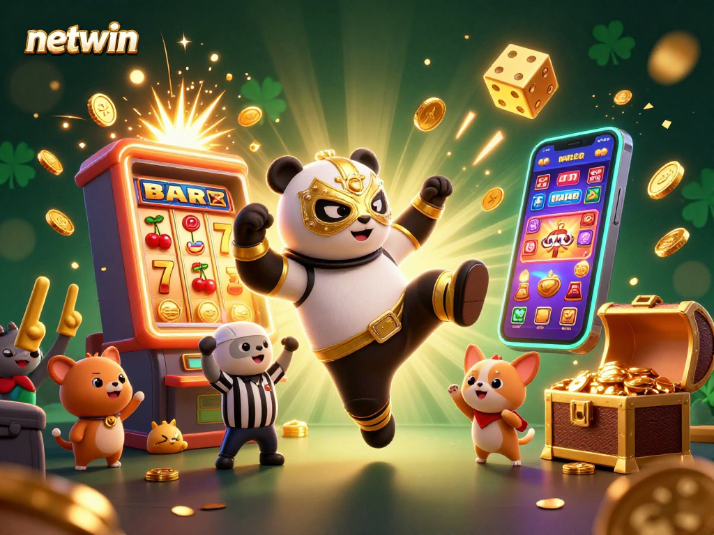 Engage with netwin's dynamic experience featuring a wrestling panda kicking amongst a colorful casino scene.