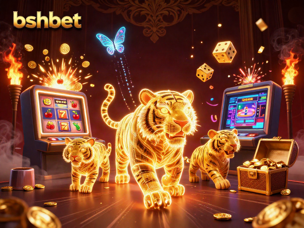 Bshbet brings excitement to the casino space with a vibrant 3D illustration featuring a golden tiger and dynamic gaming elements.