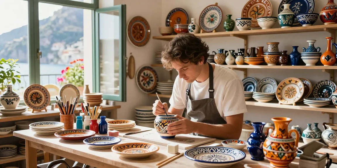 Delightful artisan painting Italian ceramics in a sunlit workshop.