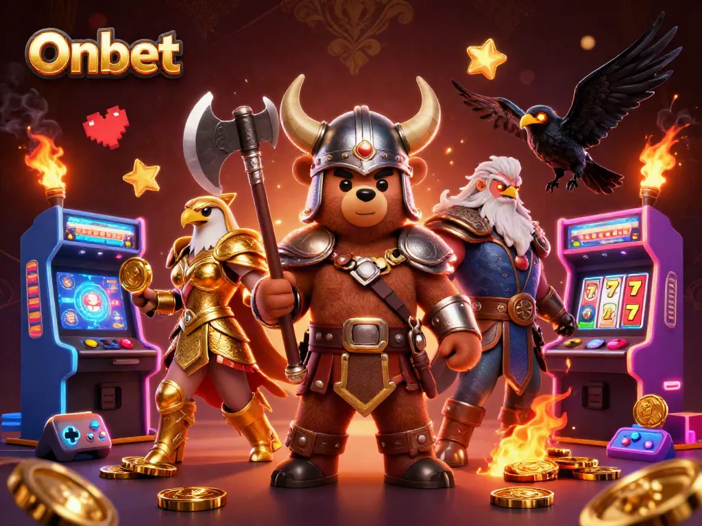 Experience Onbet's immersive gaming adventure with vibrant 3D characters and casino elements.