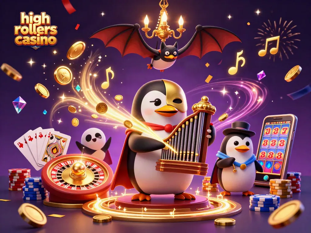 Experience high rollers casino excitement with penguin character playing and winning amidst joyous casino elements.