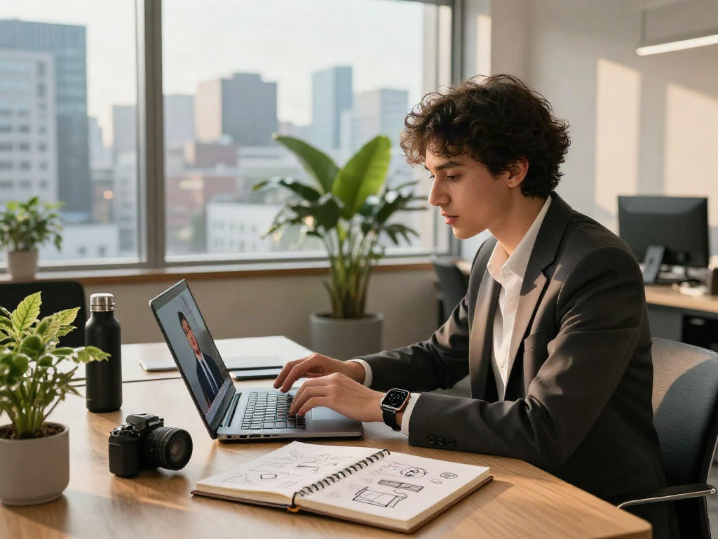Interior kantor modern dengan entrepreneur muda yang menggunakan luxury111 untuk video konferensi.