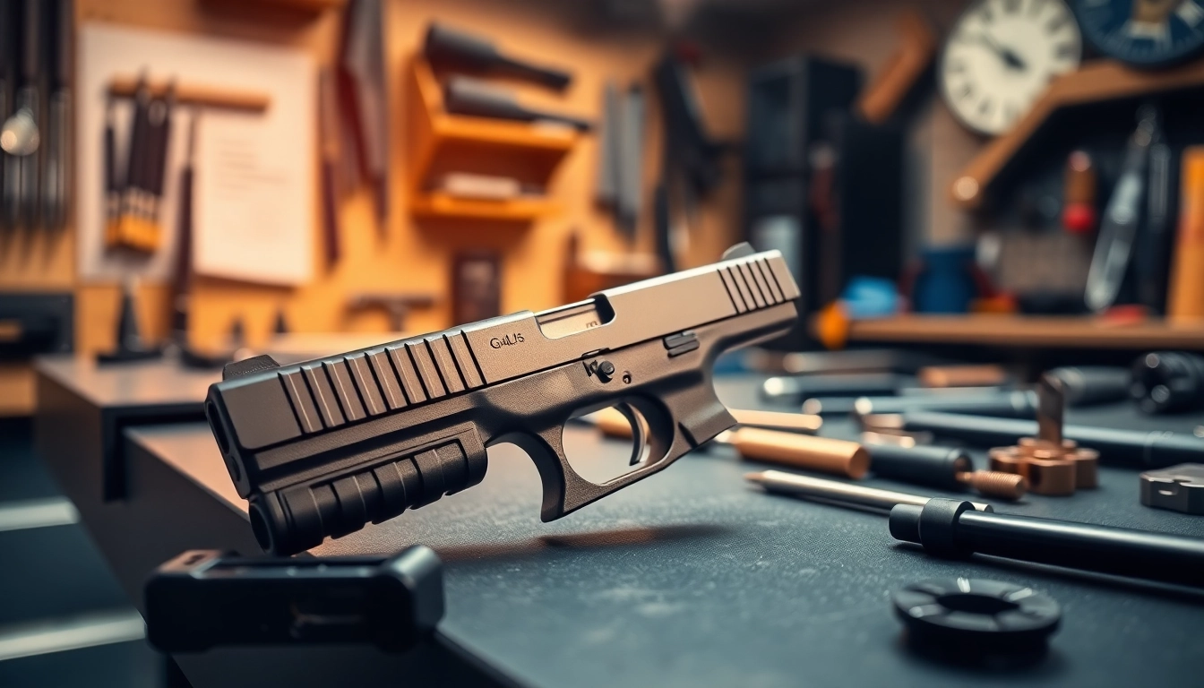 Showcasing a glock slide with intricate details on a workbench, emphasizing craftsmanship.