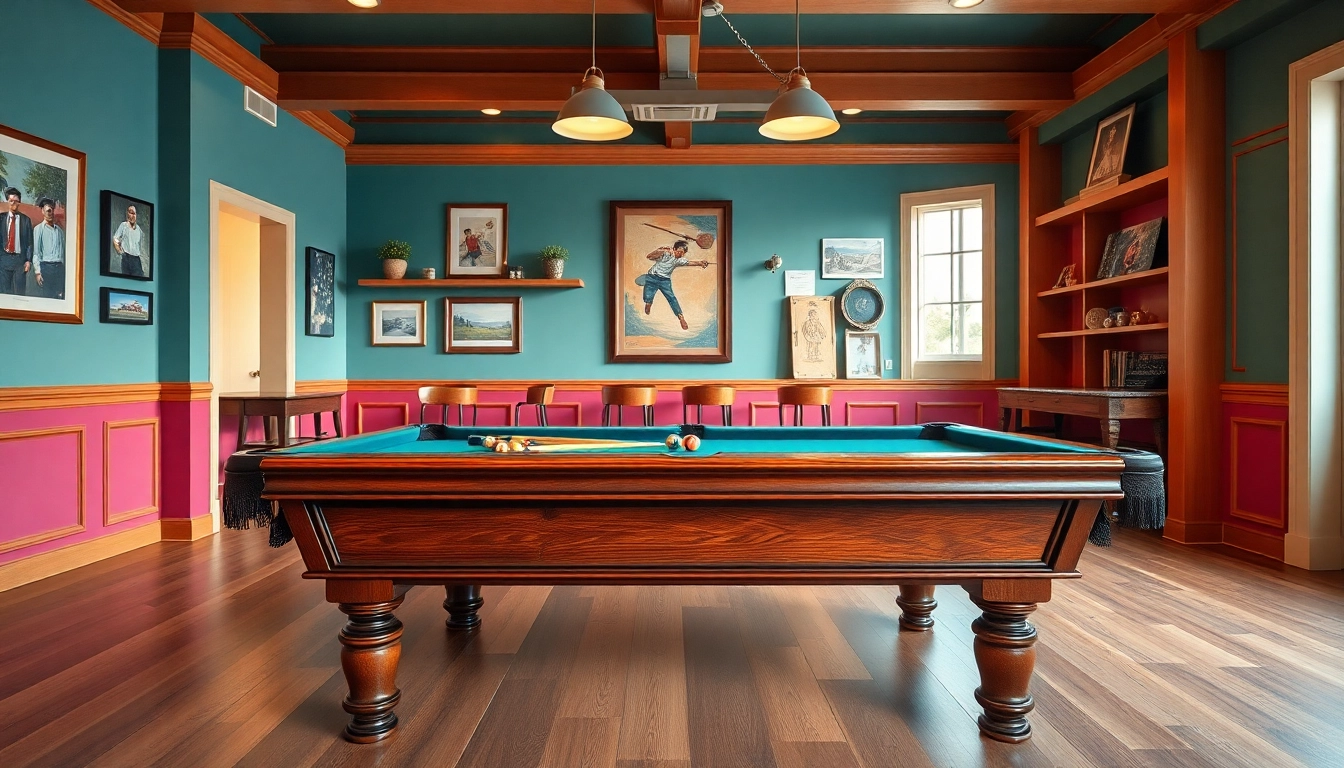 Buy Pool Tables featured in a vibrant game room with a warm ambiance and elegant design.