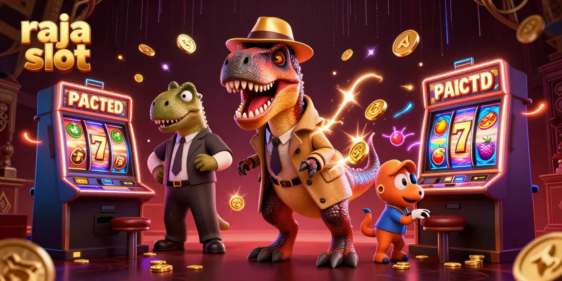 Engage in thrilling gameplay at raja slot with a cartoon velociraptor, slot reels, and jackpot excitement.