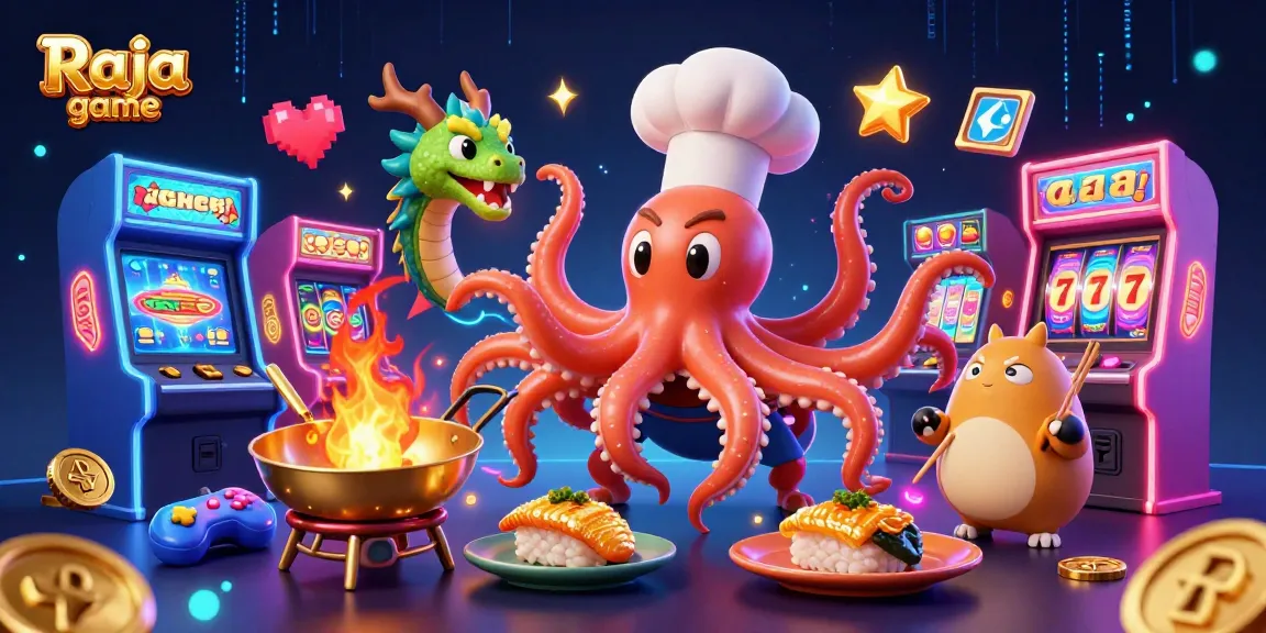 Engage with Raja game in this vibrant casino-inspired illustration featuring dynamic characters and exciting game elements.