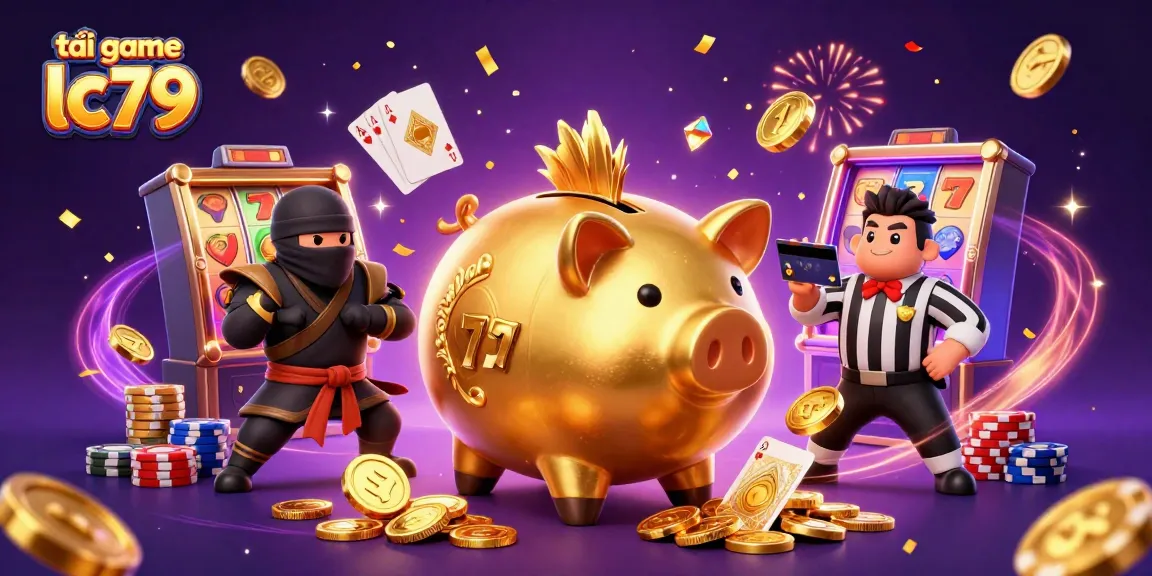 Tải game lc79 với các nhân vật hoạt hình sôi động trong sòng bạc và tiền xu đang bay xung quanh.