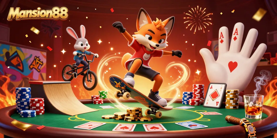 Mansion88 showcases a dynamic 3D scene with characters surrounded by vibrant casino elements in a thrilling depiction.