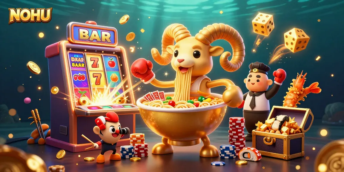 Experience the thrilling world of NOHU with vibrant characters and casino elements celebrating big wins.