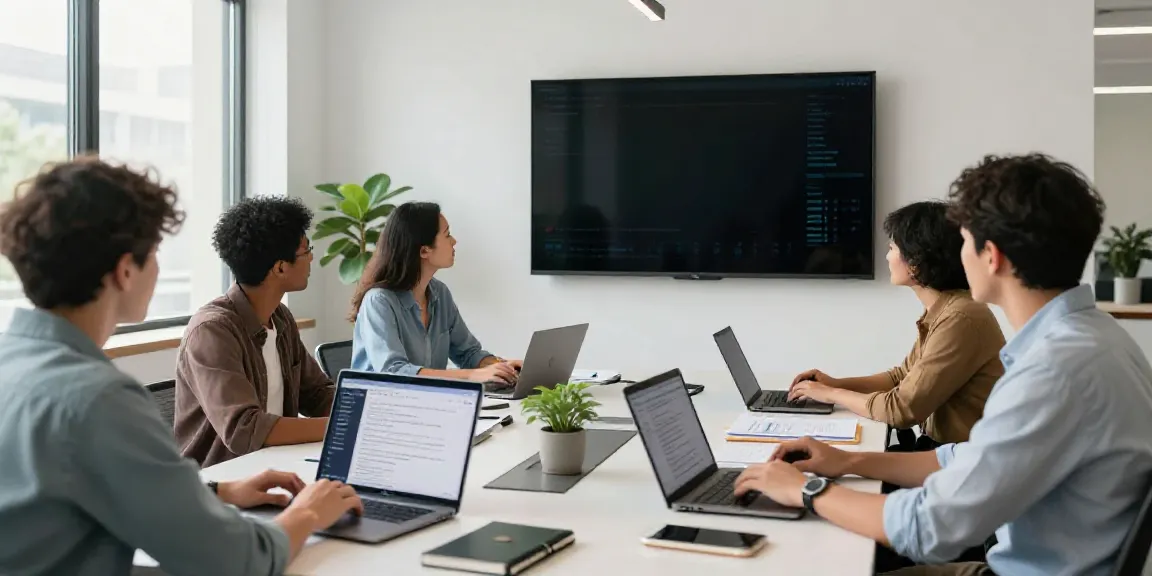 Team collaborating on AI copywriting service in modern office