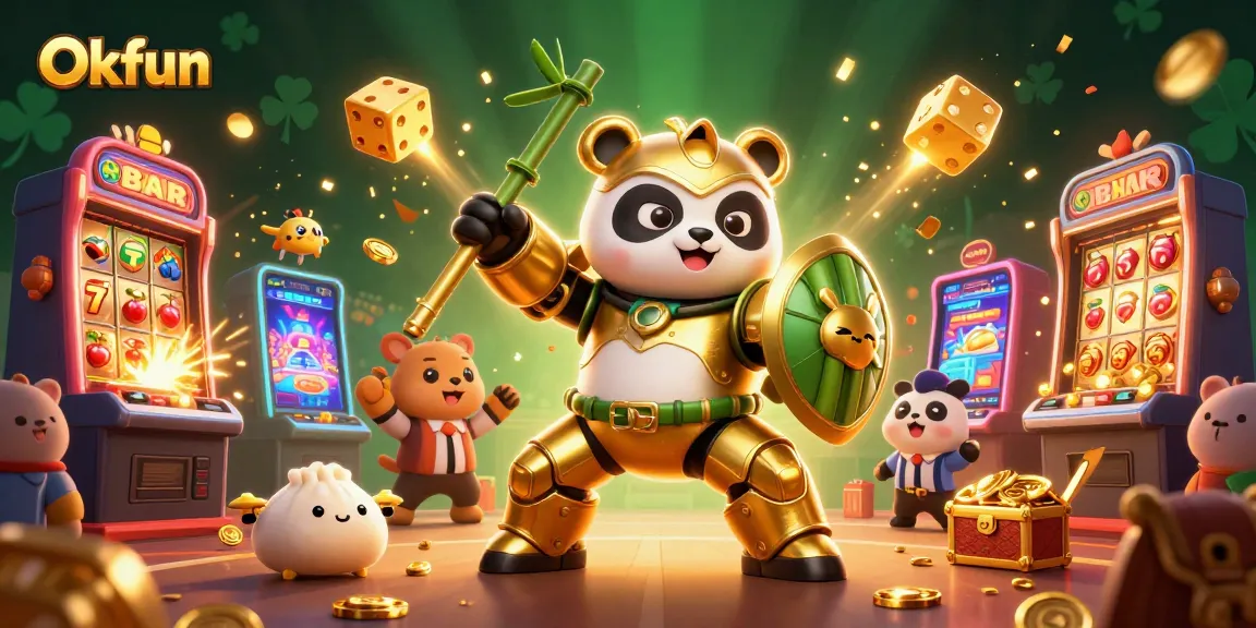 Engage with Okfun through this vibrant 3D illustration of a gaming arena bursting with excitement.