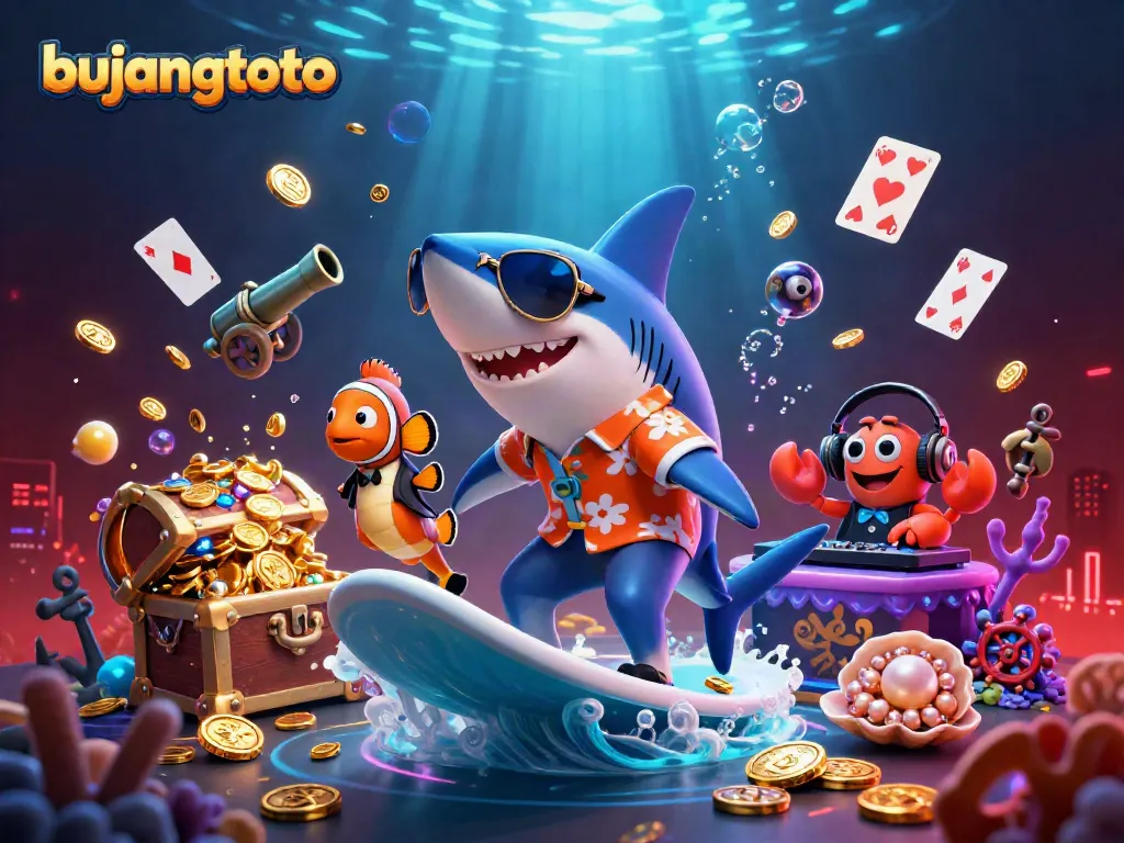 Bujangtoto's vibrant casino-themed underwater adventure featuring a shark surfer and friends.