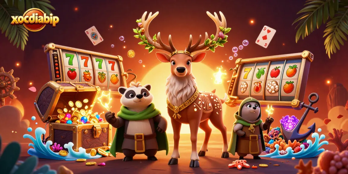 xocdiabip: Engage in thrilling slot action with a druid stag and badger in a vibrant casino scene.