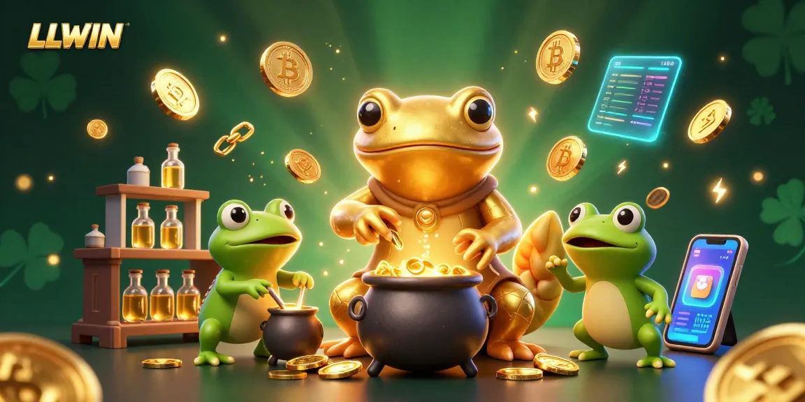 LLWIN showcases a vibrant 3D casino scene with a golden alchemist and crypto elements.
