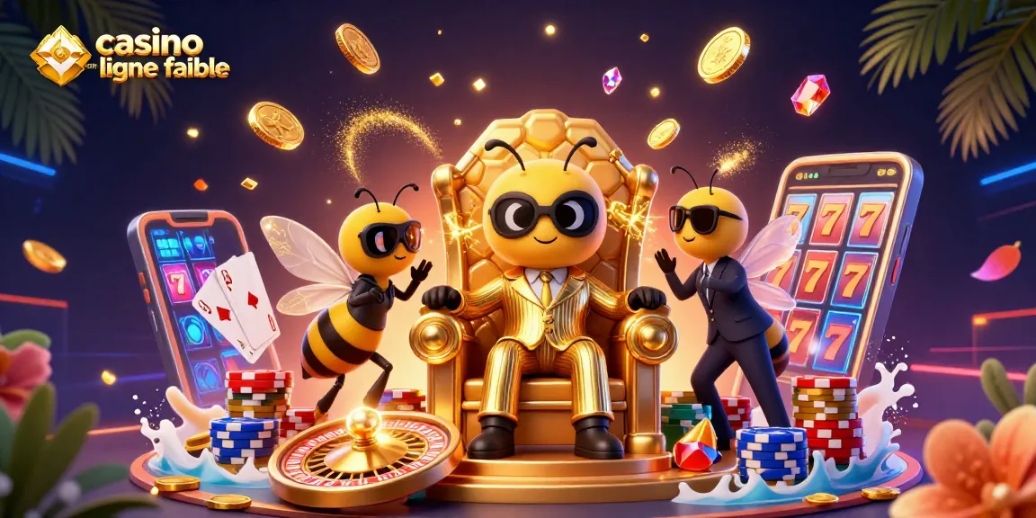 Illustration captivante de casino en ligne fiable avec un boss bourdon en costume, des pièces d'or et des roulettes.