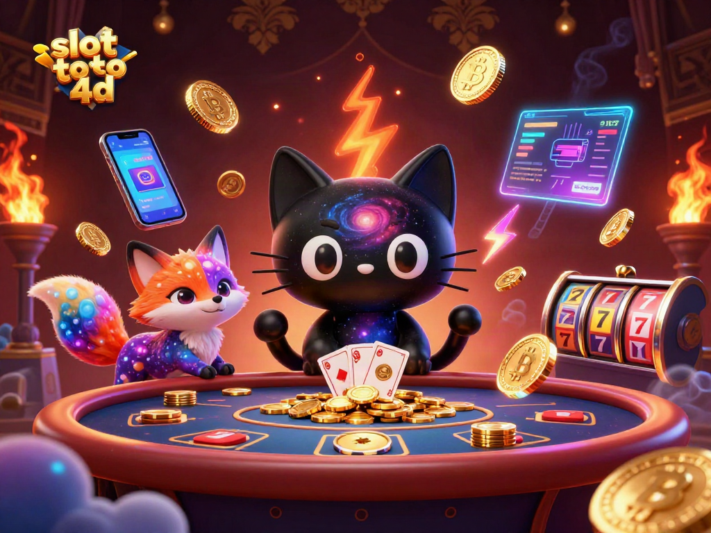 Engage with slot toto 4d at a vibrant cosmic casino featuring a black hole cat and a nebula fox.