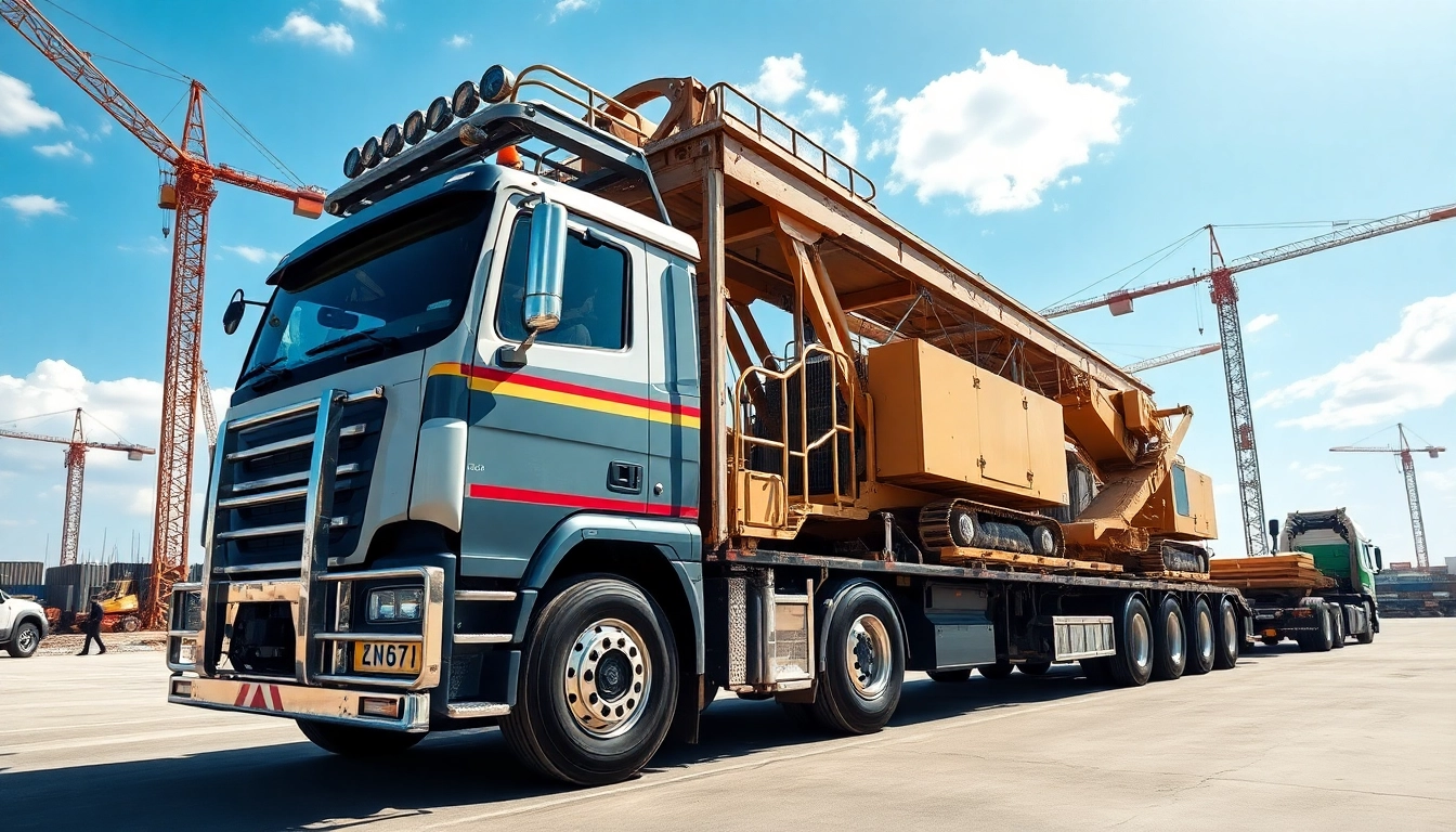 Efficient equipment transportation with a heavy truck carrying oversized machinery at a construction site.