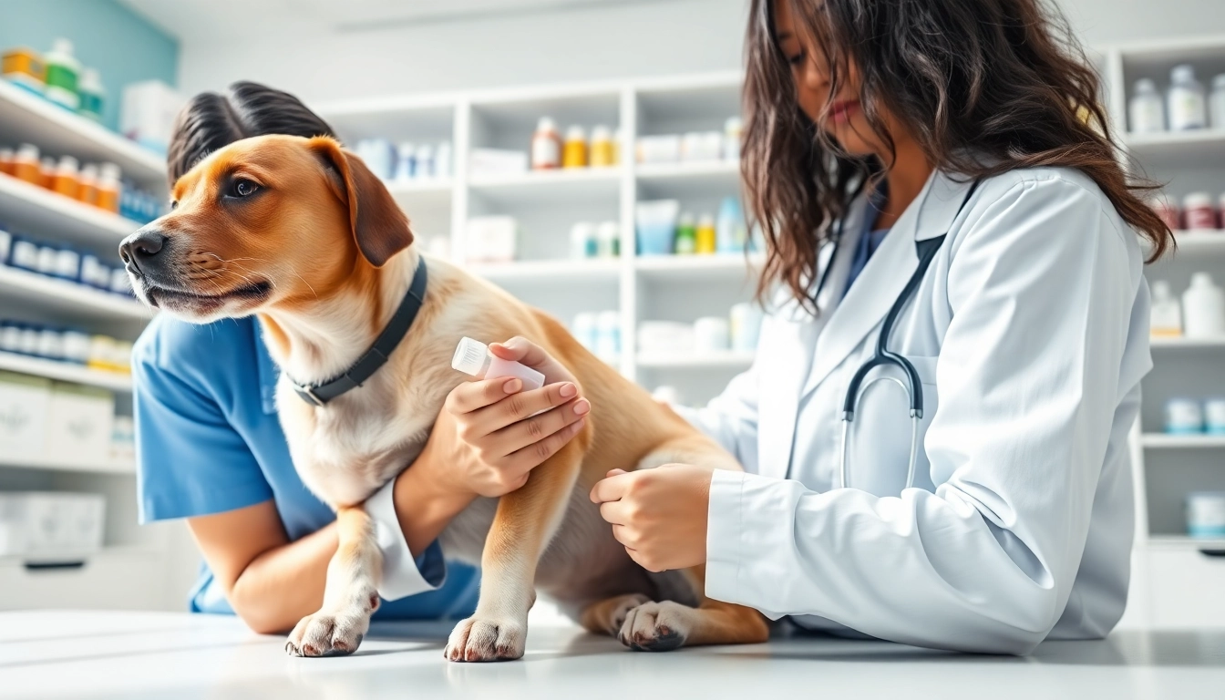 Applying dmso for dogs in a veterinary clinic setting with a caring veterinarian.