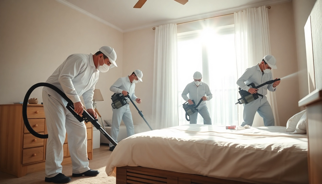 Efficient bed bug removal in action by professionals in a well-lit bedroom.