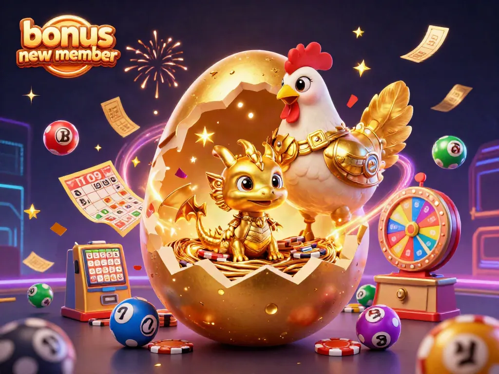 Experience the thrill of the bonus new member with dynamic gaming elements in a vibrant 3D illustration.