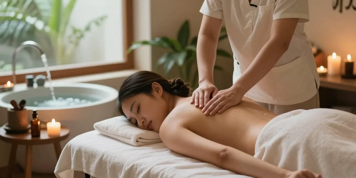 마사지 테라피 중인 고객과 편안한 분위기의 스파 환경