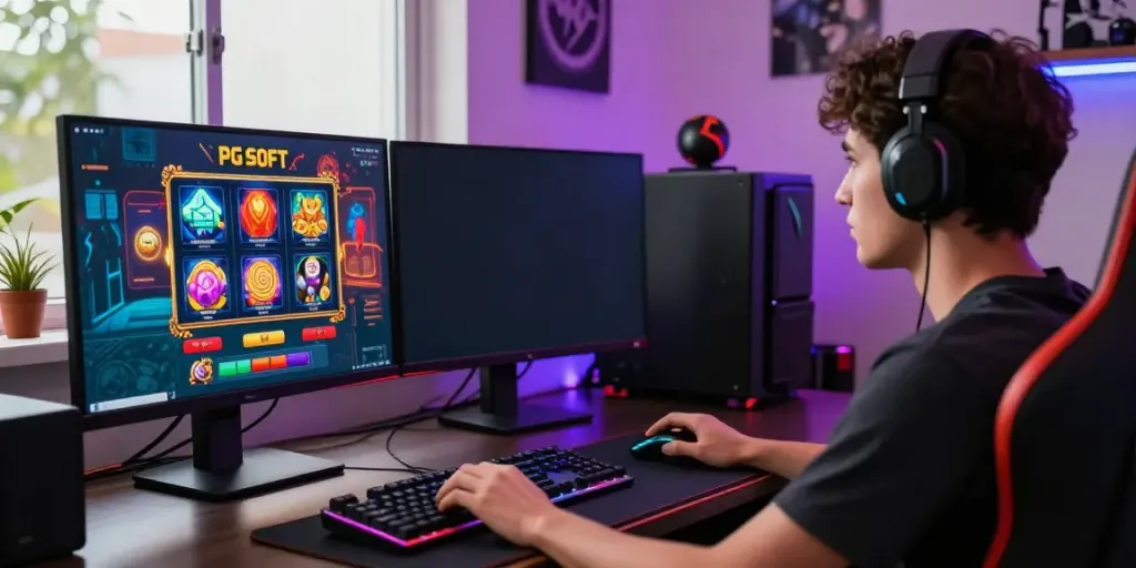 Engaging gaming setup showcasing slot thailand on dual monitors with vibrant graphics and a focused player.