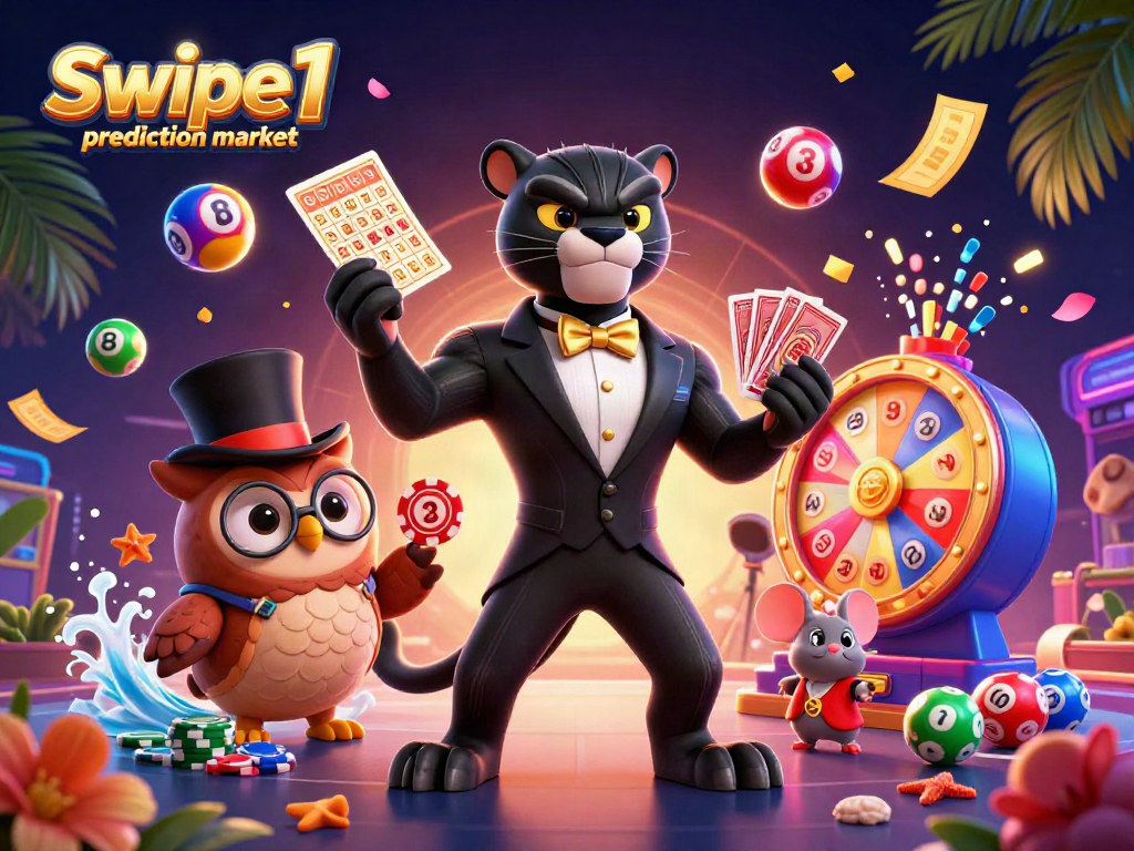 Engage in the Swipe1 prediction market with a vibrant scene featuring a tuxedo-clad panther, chip-holding owl, and lucky mouse.