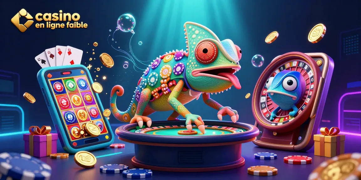 Participer à un jeu excitant dans un casino en ligne fiable illustré par un caméléon coloré attirant des pièces d'or.