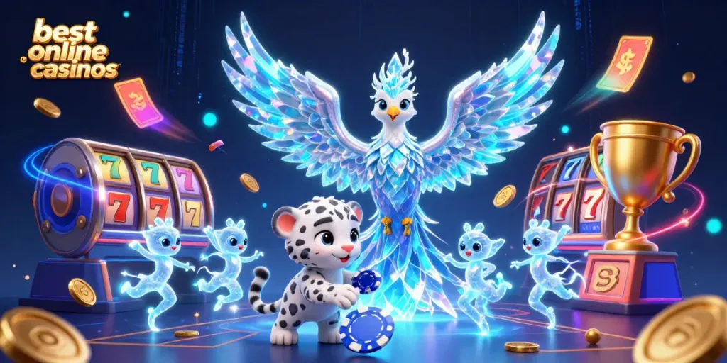 Experience the thrill of the best online casinos Australia with this vibrant action-filled illustration of an ice phoenix, gaming elements, and characters.